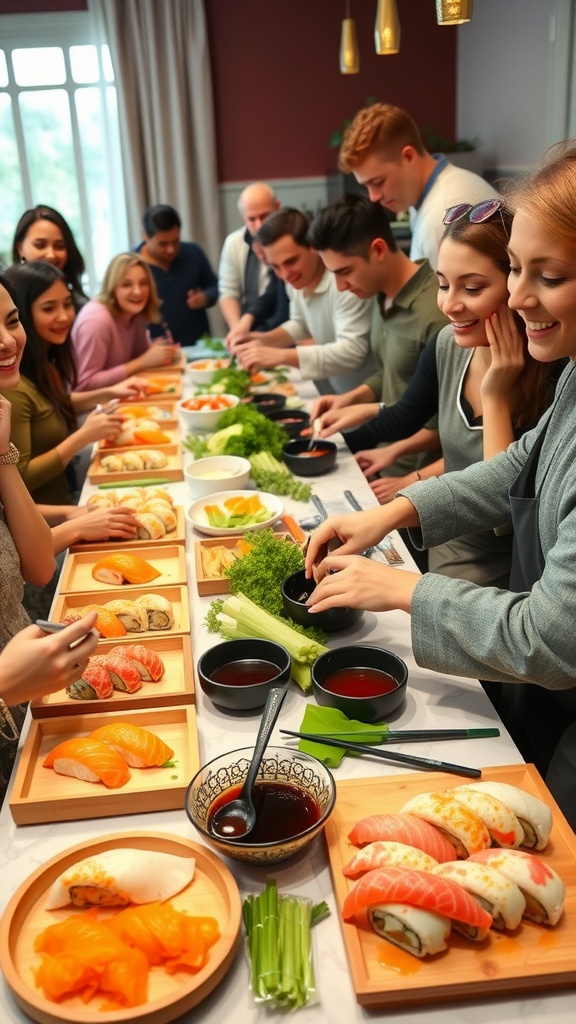 Guests enjoying a sushi making party, crafting colorful sushi rolls at a table filled with fresh ingredients and sauces.